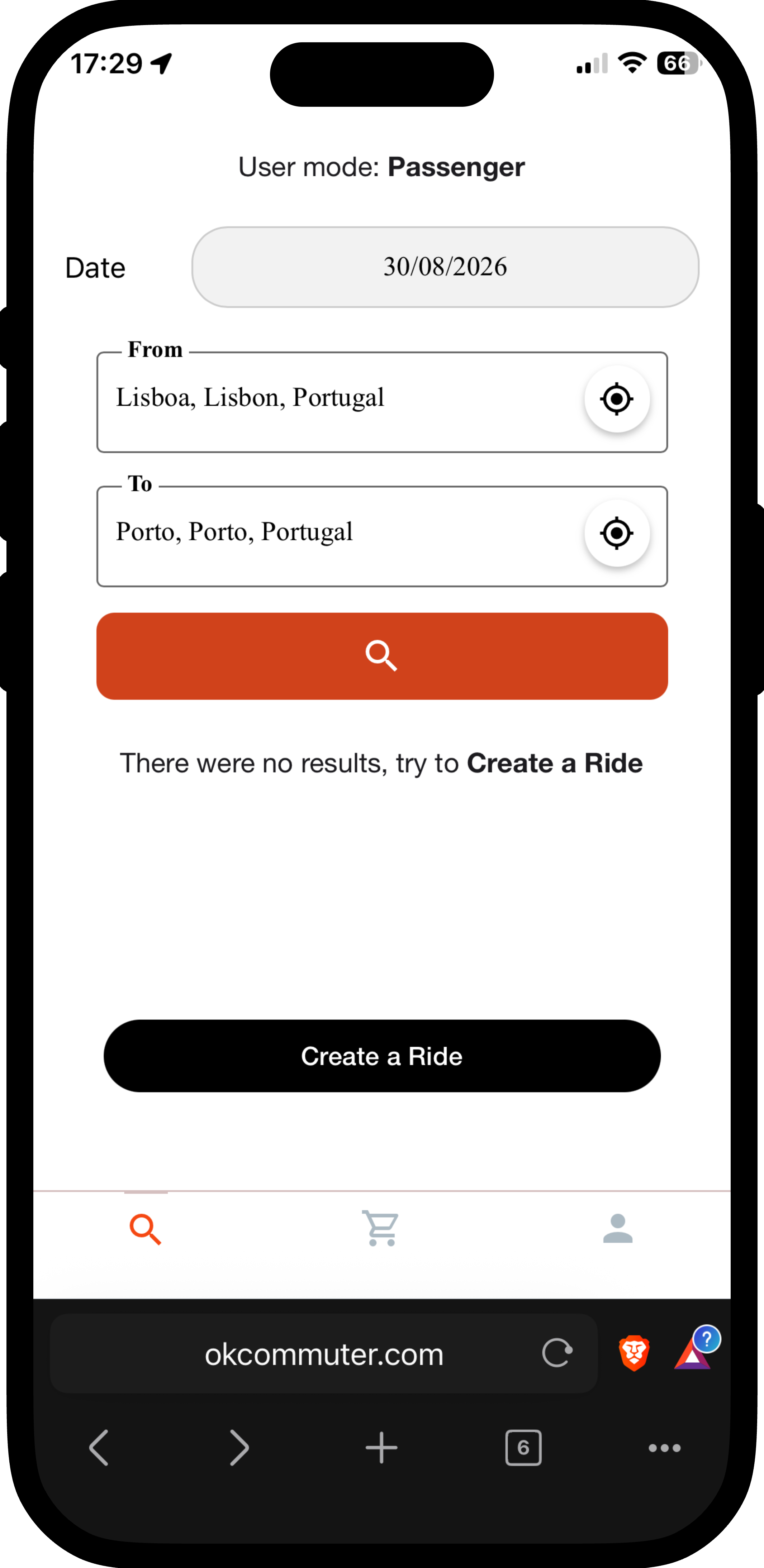 OkCommuter ride search screen