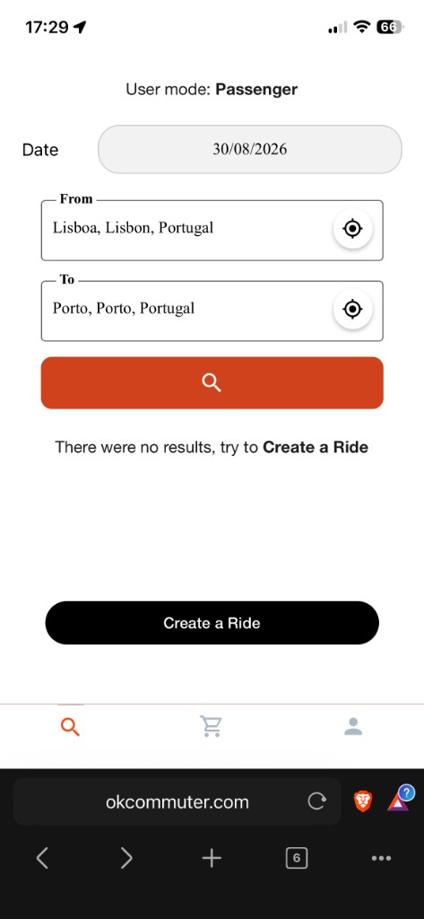 Search for rides between cities